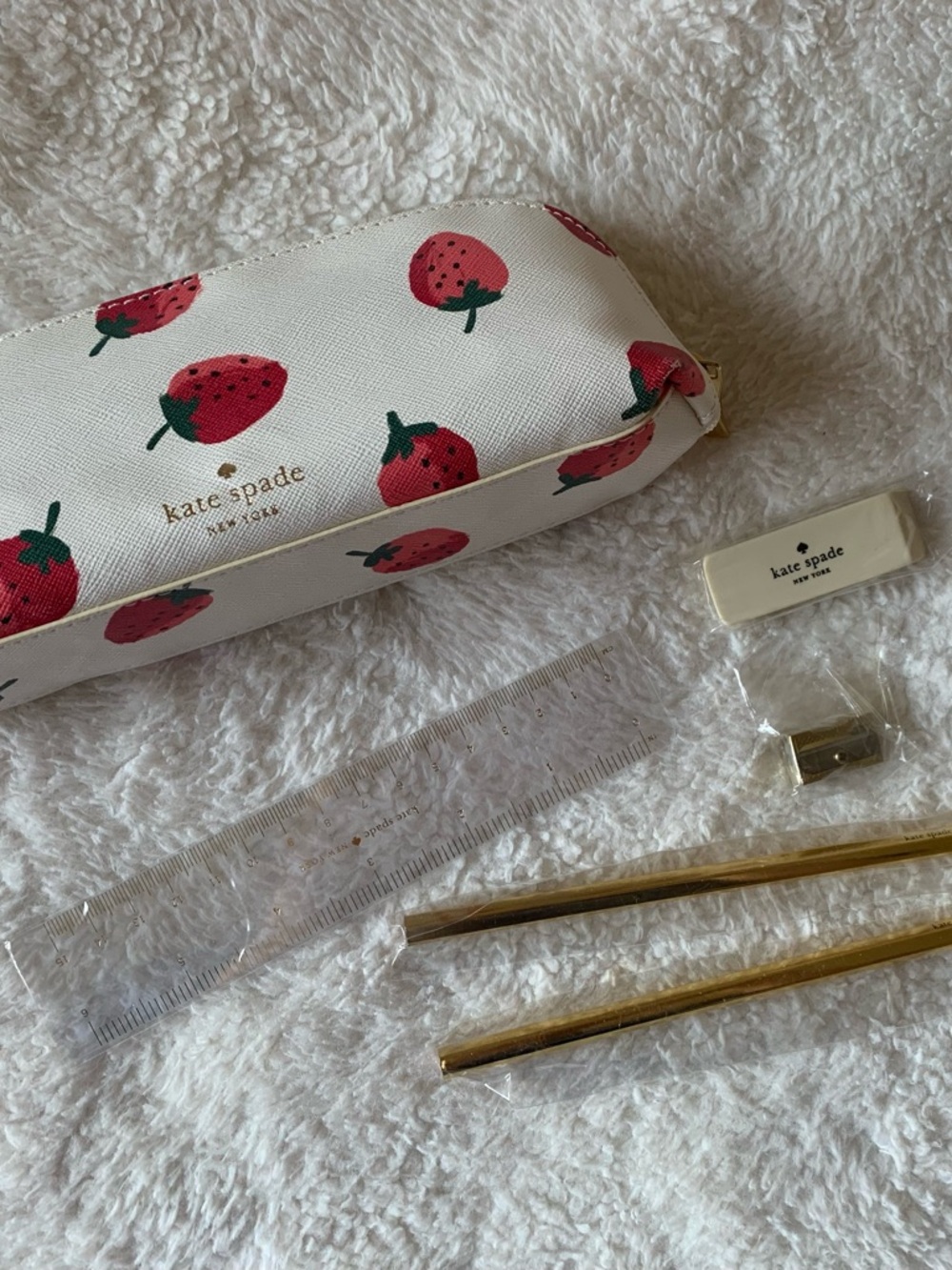 New Kate Spade Office Strawberry Print Pencil Case with Full Accessories